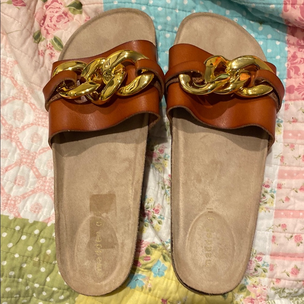 Madden Girl Brown and Gold Chain Sandals